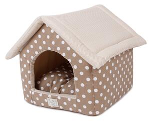 Puntíkatý domeček pro psy - 41x39x41 cm (Látkový béžový domek pro psy o velikosti 41x39 cm. Vnitřní polštář je vyndavatelný. Domek má pevnou a stabilní konstrukci. Střecha je sundavací na zip. Domek je snadno pratelný.)