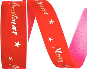 Stuha vánoční sametová VELUTTO MERRY CHRISTMAS RED červená 25mm x 3m (10,-Kč/m)