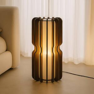 Lucande stojací lampa Juneta, 75 cm, hnědá, dřevo, textil, Tmavé dřevo, Obývací pokoj / jídelna, Dřevo, Skandinávský