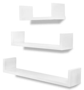 3 bílé plovoucí MDF police ve tvaru U na vystavování/ukládání knih/DVD