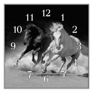 Nástěnné hodiny 30x30cm bílý a černý kůň v prachu - plexi