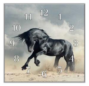 Nástěnné hodiny 30x30cm fríský kůň v prachu písku - kalené sklo