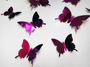 3D motýli na zeď metalická růžová 12 ks 12 x 10 cm