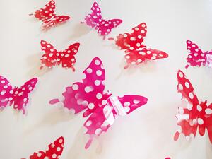 3D motýlci růžoví červení s puntíky 12 ks šíře 7 až 12 cm