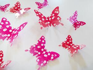 3D motýlci růžoví červení s puntíky 12 ks šíře 7 až 12 cm