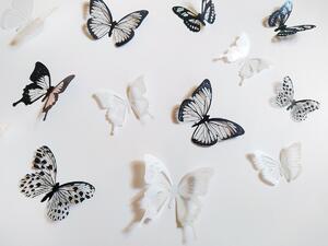 3D dekorace na zeď motýli černí a bílí 18 ks 5 až 6,5 cm