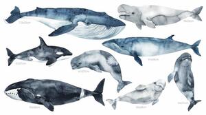 Dětská nálepka na zeď Ocean world - velryby, kosatka a běluhy