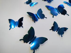 3D motýli na zeď metalická modrá 12 ks 12 x 10 cm