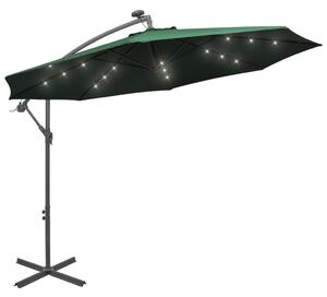 Závěsný slunečník s kovovou tyčí a LED světlem, zelený, 300 cm