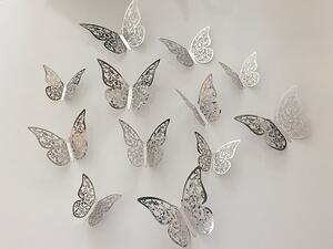 Luxusní 3D motýli na zeď stříbrní 12 ks 8 až 12 cm