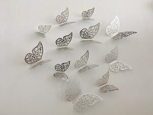 Luxusní 3D motýli na zeď stříbrní 12 ks 8 až 12 cm