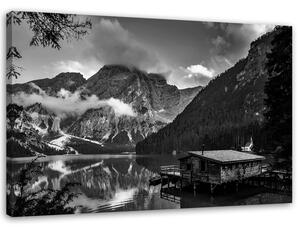 Obraz na plátně Horská chata u jezera - černobílý Rozměry: 60 x 40 cm