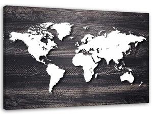 Obraz na plátně Mapa světa na šedém dřevě Rozměry: 60 x 40 cm