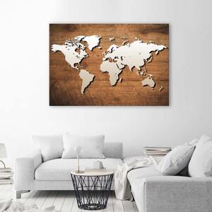 Obraz na plátně Mapa světa na dřevěné desce Rozměry: 60 x 40 cm