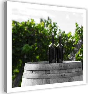 Obraz na plátně Láhve vína na sudu Rozměry: 30 x 30 cm