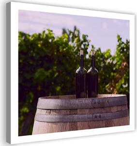 Obraz na plátně Láhve na víno a dřevěný sud Rozměry: 30 x 30 cm