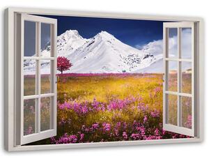 Obraz na plátně Okno - zasněžené hory Rozměry: 60 x 40 cm
