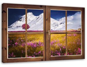 Obraz na plátně Okno - pohled na zasněžené hory Rozměry: 60 x 40 cm
