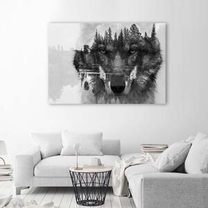 Obraz na plátně Černý vlk na pozadí lesa a jezera abstraktní Rozměry: 60 x 40 cm