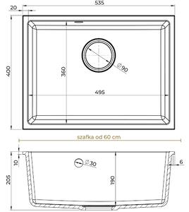 Sink Quality Crypton 60, kuchyňský granitový dřez 535x400x205 mm + černý sifon, bílá, SKQ-CRY.W.1KBO.60.XB