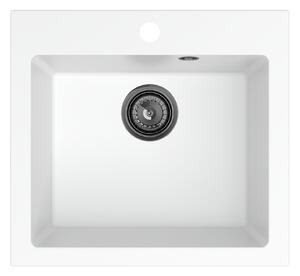 Sink Quality Ferrum 50, kuchyňský granitový dřez 490x450x195 mm + černý sifon, bílá, SKQ-FER.W.1K50.XB