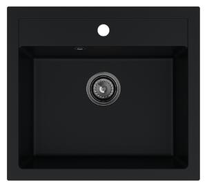 Sink Quality Ferrum, kuchyňský granitový dřez 565x510x205 mm + černý sifon, černá, SKQ-FER.C.1K60.XB