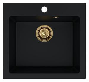 Sink Quality Ferrum 50, kuchyňský granitový dřez 490x450x195 mm + zlatý sifon, černá, SKQ-FER.C.1K50.XG