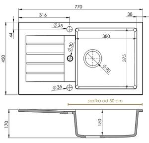 Sink Quality Natalie, kuchyňský granitový dřez 770x450x170 mm + chromový sifon, bílá, SKQ-NAT.W.1KDO.X