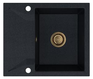 Sink Quality Obsidian, kuchyňský granitový dřez 590x500x210 mm + zlatý sifon, černá skvrnitá-Brocade, SKQ-OBS.B.1KKO.XG