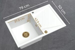 Sink Quality Obsidian, kuchyňský granitový dřez 790x500x210 mm + černý sifon, bílá, SKQ-OBS.W.1KDO.XB