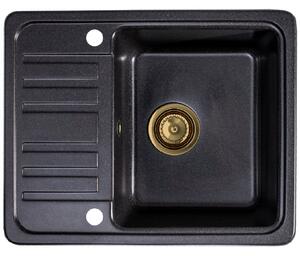 Sink Quality Sapphire, granitový kuchyňský dřez 565x460x210 mm + zlatý sifon, 1-komorový, černá skvrnitá-BROCADE, SKQ-SAP.B.1KKO.XG