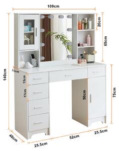 Kosmetický stolek s LED zrcadlem - bílý - dřevěný - moderní toaletní stolek - nábytek do ložnice