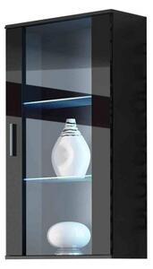 VÝPRODEJ - Závěsná vitrína s LED modrým osvětlením KARA - černá / lesklá černá