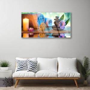 Obraz na skle Svíčky Kameny Květ 140x70 cm