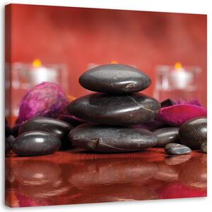 Obraz na plátně Černé zenové kameny na červeném pozadí Rozměry: 30 x 30 cm