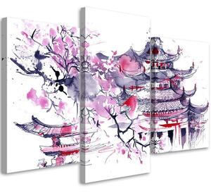Obraz na plátně Japonská pagoda a třešňový květ - 3 dílný Rozměry: 60 x 40 cm