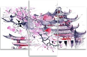 Obraz na plátně Japonská pagoda a třešňový květ - 3 dílný Rozměry: 60 x 40 cm