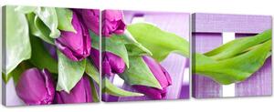 Sada obrazů na plátně Fialové tulipány v kytici - 3 dílná Rozměry: 90 x 30 cm