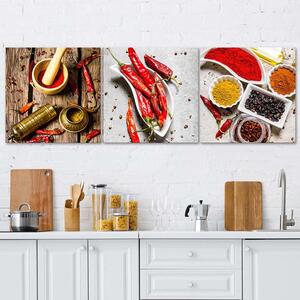 Sada obrazů na plátně Pálivé koření z chilli papriček - 3 dílná Rozměry: 90 x 30 cm