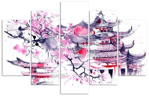 Obraz na plátně Japonská pagoda a třešňový květ - 5 dílný Rozměry: 100 x 70 cm