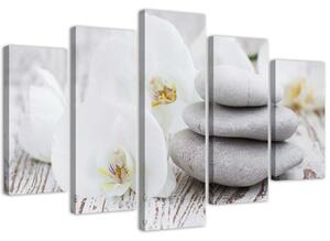 Obraz na plátně Bílá zenová orchidej a kameny - 5 dílný Rozměry: 100 x 70 cm