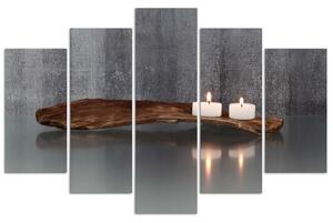 Obraz na plátně Zenová kompozice se svíčkami a dřevem - 5 dílný Rozměry: 100 x 70 cm