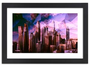 Plakát Geometrické město ve fialové barvě Barva rámu: Hnědá, Rozměry: 100 x 70 cm