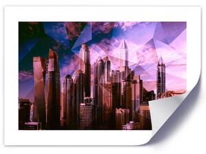 Plakát Geometrické město ve fialové barvě Barva rámu: Bílá, Rozměry: 100 x 70 cm
