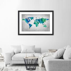 Plakát Barevná mapa světa na betonu Barva rámu: Hnědá, Rozměry: 100 x 70 cm