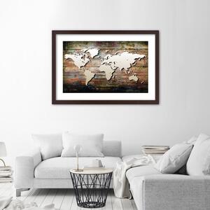 Plakát Mapa světa na starých prknech Barva rámu: Hnědá, Rozměry: 100 x 70 cm