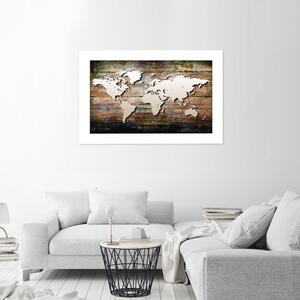 Plakát Mapa světa na starých prknech Barva rámu: Hnědá, Rozměry: 100 x 70 cm