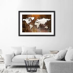 Plakát Mapa světa na dřevě Barva rámu: Bílá, Rozměry: 100 x 70 cm