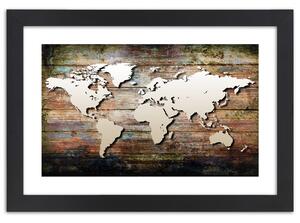 Plakát Mapa světa na starých prknech Barva rámu: Bílá, Rozměry: 100 x 70 cm
