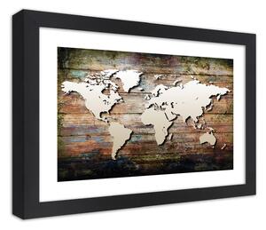 Plakát Mapa světa na starých prknech Barva rámu: Černá, Rozměry: 30 x 20 cm